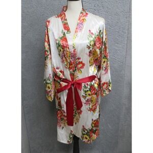 Event Blossom Floral Satin Kimono Robe Womens OS White Pink Belted Boho Bridal